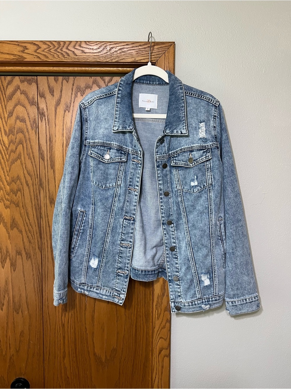 Light Blue Distressed Denim Jacket - Women
